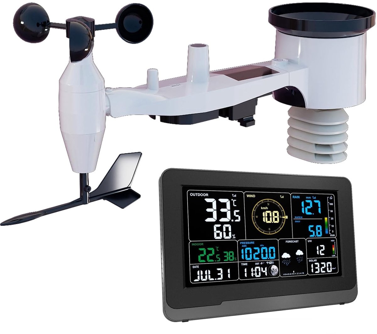 Tuininrichting - Weermeters - Weerstation - Weerbewakingssysteem - 7-in-1 Tuin Draadloze Zonne-weer-Buitensensor - Draadloos - Binnen en Buiten - 3-in-1 Huis Binnen - 7.5 inch LCD-Grootweergaveconsole - 2.4 Wi-Fi - Zwart
