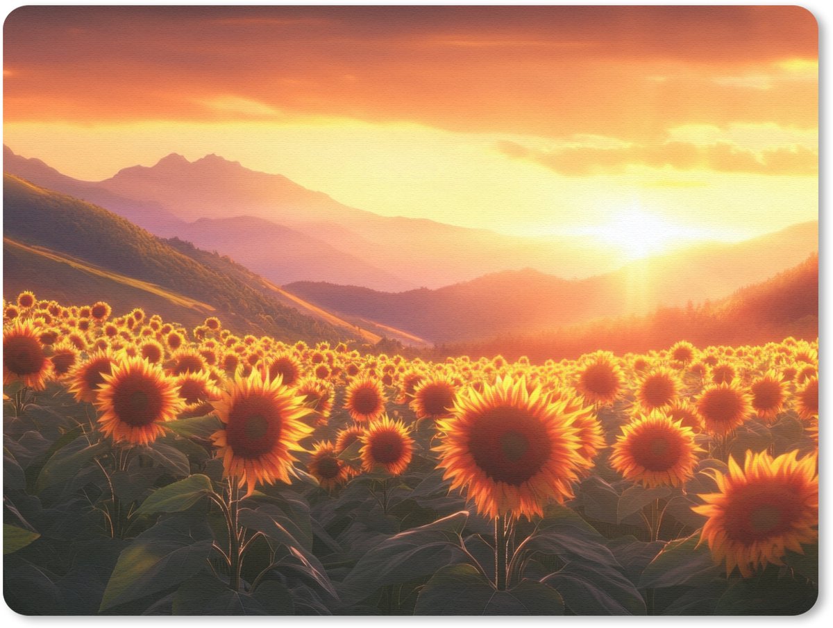Muismat 23x19 cm - Mousepad Zonnebloemen - Zonsondergang - Landschap - Muismatten