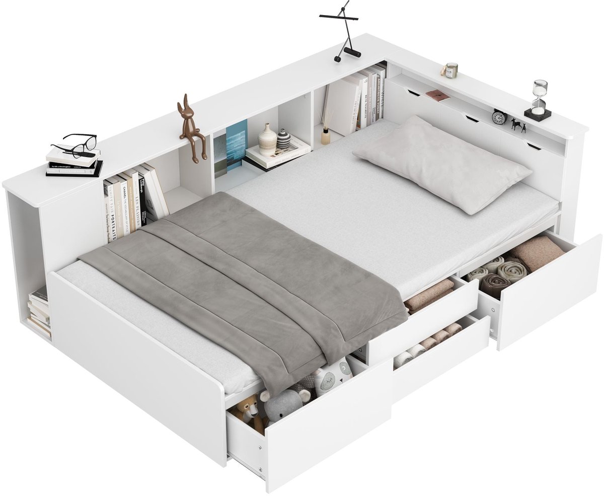Merax Kinderbed 90x200 cm met 4 Lades – Wit Eenpersoonsbed van MDF met Boekenkast en Opbergkasten – Bed met Veel Opbergruimte – Inclusief Lattenbodem