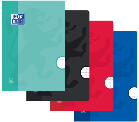 Vier schriften van Oxford met ronde insteekvakken. Kleuren: turquoise, zwart, rood en blauw.
