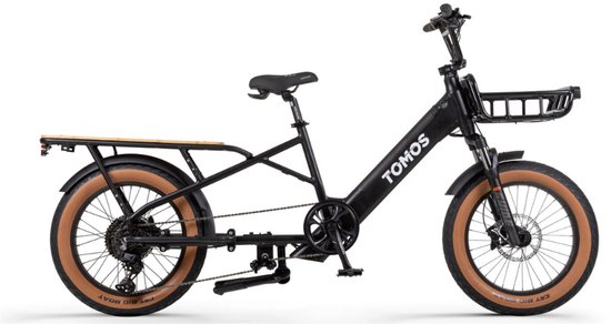 TOMOS E-Cargo Fat 2 Longtail Elektrische Fatbike - Gratis Voordrager - Gratis Bamboe Plaat - Gratis Zitkussen - 20 Inch - 250W Motor - 10 Versnellingen - 90 km Actieradius - Hydraulische Schijfremmen - Glossy Black