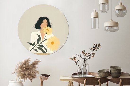 WallCircle - Wandcirkel - Muurcirkel - Vrouw - Bloem - Geel - Minimalistisch - Aluminium - Dibond - 120x120 cm - Binnen en Buiten XXL