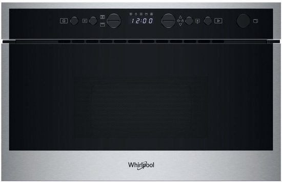 Ingebouwde Whirlpool magnetron met roestvrijstalen afwerking en een zwart bedieningspaneel met digitale timer.