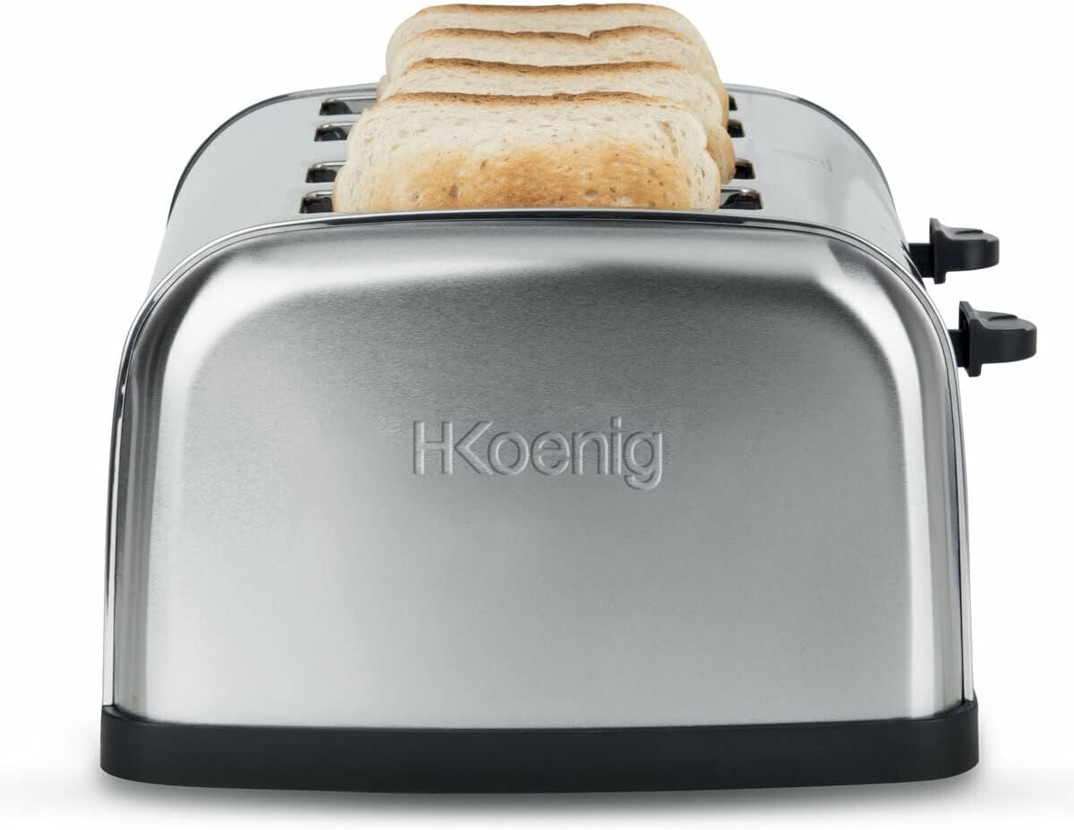 Broodrooster 4 Sneden met Brede Roosteropeningen, Vintage Roestvrijstaal, 6 Bruiningsniveaus, Ontdooi- en Opwarmfunctie, Gemakkelijk Schoon te Maken