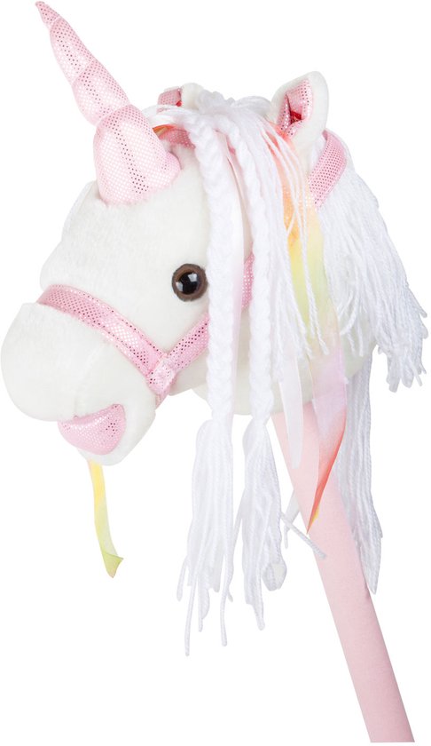 Wit eenhoorn speelgoedpaard op een roze stok met glinsterende hoorn en roze hoofdstel.