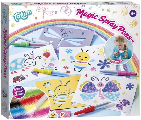 Totum 5 magische blaas pennen spraypens en sjablonen knutselset speciaal effect kleurverandering - cadeau tip creatief