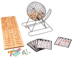 Bingo-Lotto Set Compleet – 90 Ballen, Houten Controlebord & Bingokaarten – Bingomolen Metalen – Korf Ø 18 cm – Spel voor 3+ Spelers – Longfield Games
