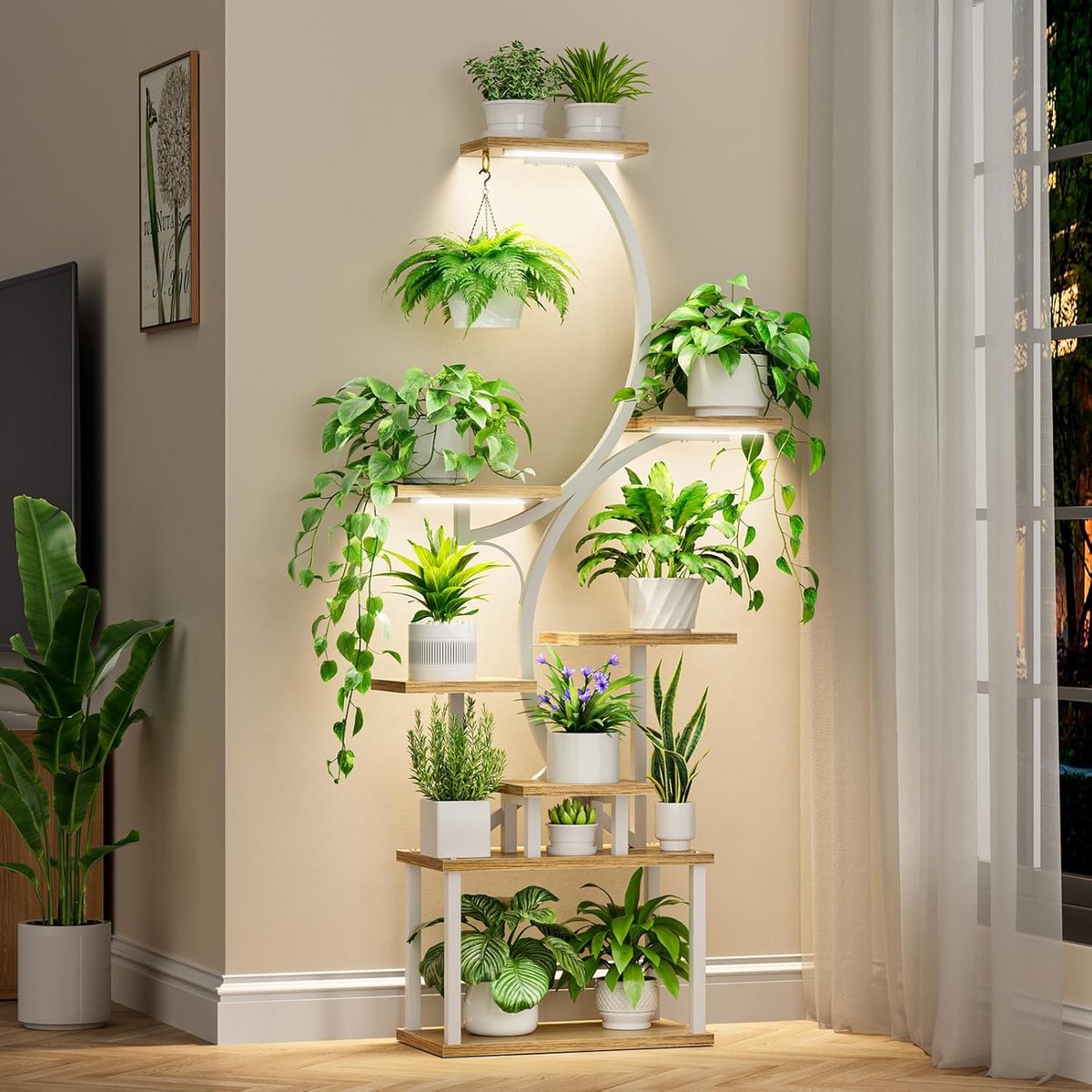 Plantenstandaard met Kweeklampen - 8-laags S-vormig Metalen Plantenrek voor Binnen - 157,5 cm Hoog