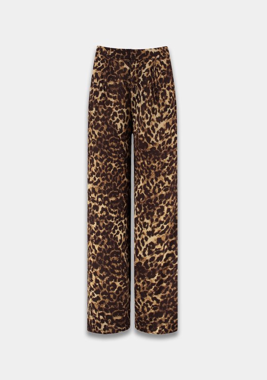Bruine broek met luipaardprint, recht model.