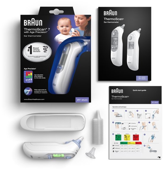Braun Thermoscan 7 oorthermometer productuitzetting met thermometer, opbergdoos, lensfilters en handleiding.