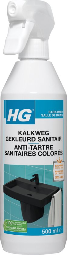 Witte spuitfles HG "Kalkweg Gekleurd Sanitair" met "Beste Product Van Het Jaar" keurmerk.