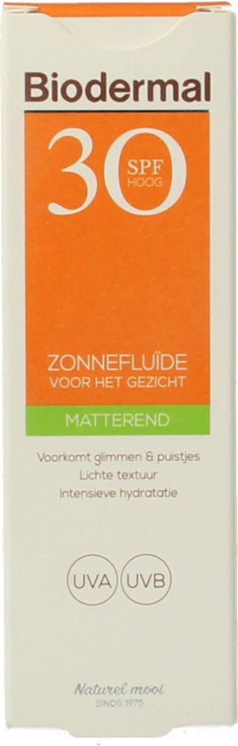 Biodermal Zonnebrand -  Matterende Zonnefluïde voor het gezicht SPF 30 - 40ml - Voorkomt glimmen en puistjes