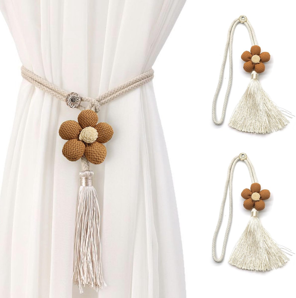 Ibenzoa® Charmante Boho Bloemen Gordijnhouders met Decoratieve Kralen, 2 Stuks voor Huis- en Kantoorinrichting