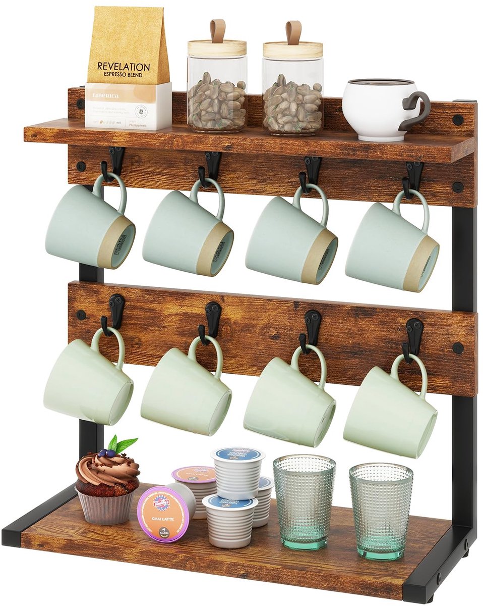 Ibenzoa® Vintage Koffiebekerhouder met 8 Haken - Bruin TBJ002H
