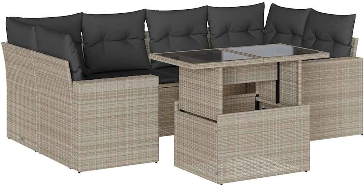 The Living Store 7-delige Loungeset met kussens poly rattan lichtgrijs - Loungebank - Lounge Set - Tuinmeubels - Buis Meubel - Outdoor Furniture