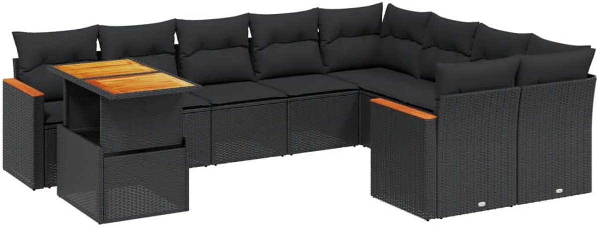 The Living Store 10-delige Loungeset met kussens poly rattan zwart - Loungeset - Tuinset - Buitendecoratie - PE-rattan - Garden Furniture