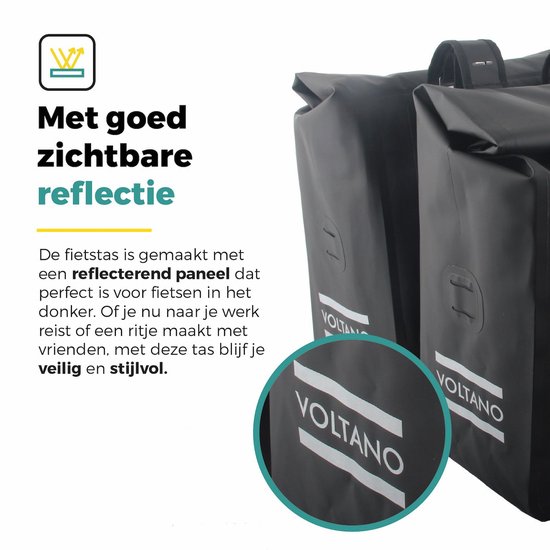 Voltano Dubbele Rolltop Fietstas Volledig Voorgevormd - 50 Liter - Zwart - 100% Waterdicht - Fietstassen Electrische Fietsen