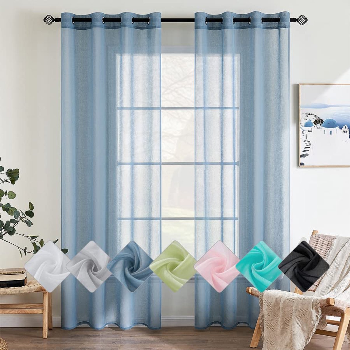 Unyqoos Transparante Luchtige Polyester Gordijnen met Ingestanste Ringen voor Slaap- en Woonkamer, Set van 2, Vaalblauw, 140 x 145 cm