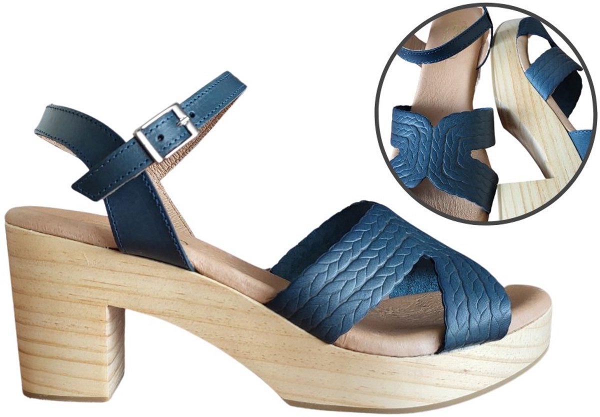 Stravers - Muiltjes Houten Zool en Leren Reliëf Band - Blauw - Maat 43 - Grote Maten Dames Klompjes