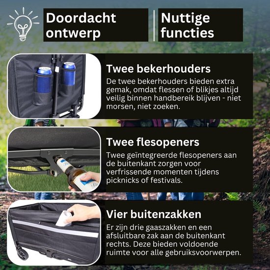 Albatros bolderkar opvouwbaar 120 liter met flesopener en bekerhouder – handkar met reflecterende strips, opening in de achterwand en afdekking – Transportkar voor buitengebruik, geschikt voor kamperen en excursies - Bolderkar 120 L — afbeelding 3