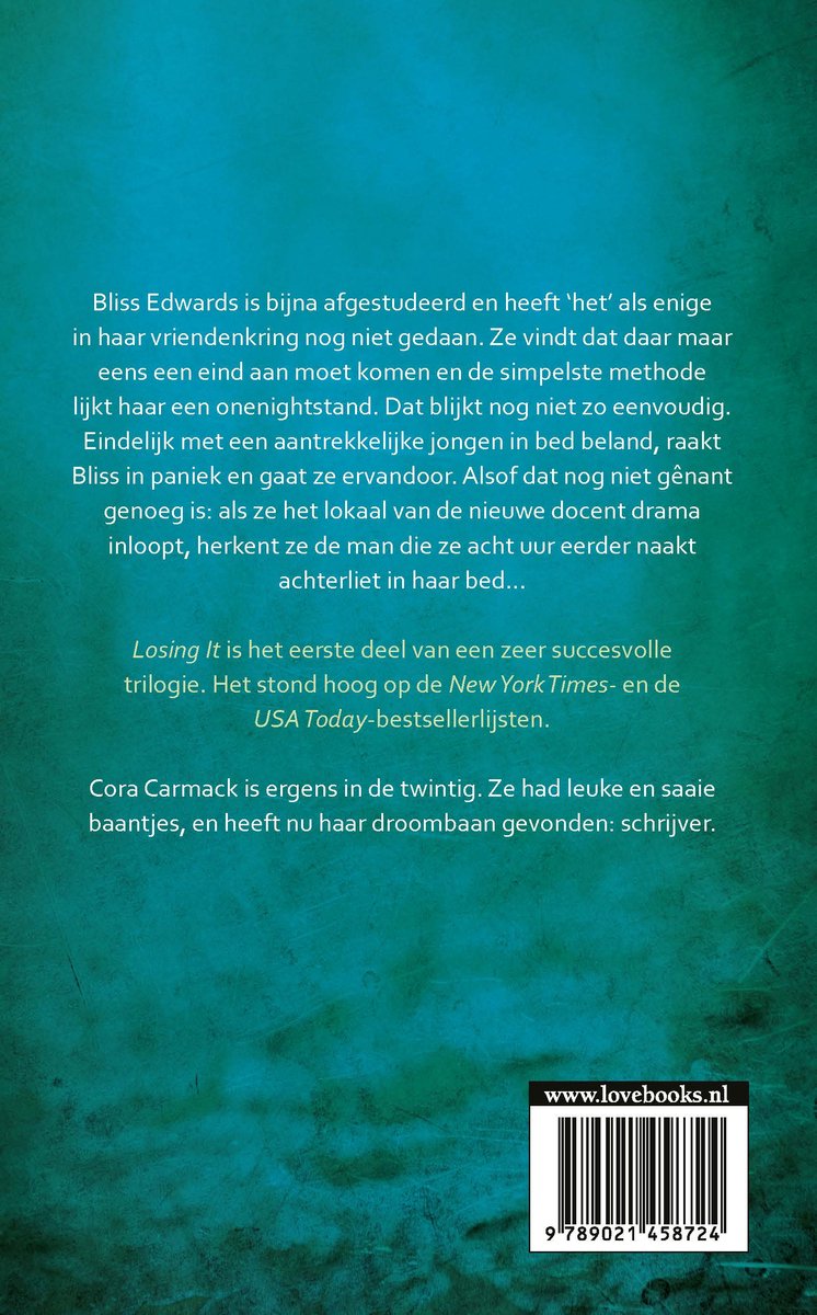 Achterkant van het boek "Losing it" met tekst en barcode.