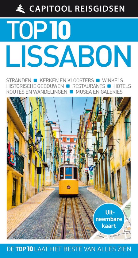 Capitool Reisgidsen Top 10 Lissabon. Foto van een gele tram in een smalle straat met kleurrijke gebouwen in Lissabon.