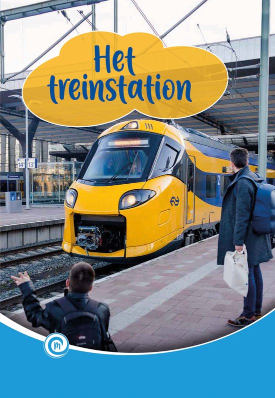 Boekcover van 'Het treinstation', met een gele trein op een perron en twee personen die wachten.