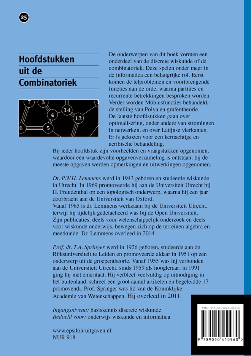 Boekomslag 'Hoofdstukken uit de Combinatoriek' met tekst, een diagram en een barcode.