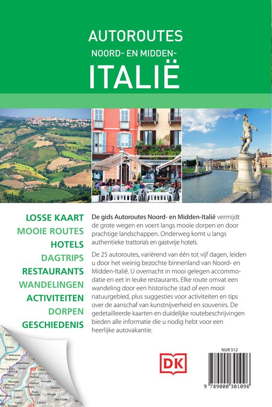 Cover van de reisgids "Autoroutes Noord- en Midden-Italië" met een collage van een Toscaans landschap, gebouwen in een stad en een kanaal in Venetië.