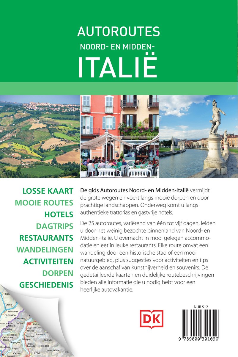 Cover van de reisgids "Autoroutes Noord- en Midden-Italië" met een collage van een Toscaans landschap, gebouwen in een stad en een kanaal in Venetië.