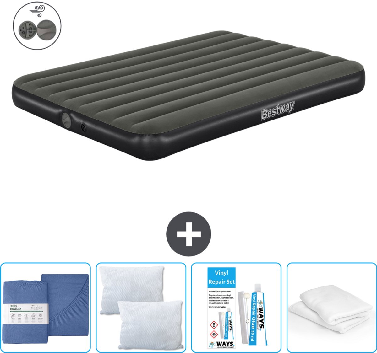 Bestway luchtbed - 2-Persoons - 152 x 203 x 25 cm - Groen - Inclusief pomp - Hoeslaken - Kussen - Kussenbeschermer en Reparatieset