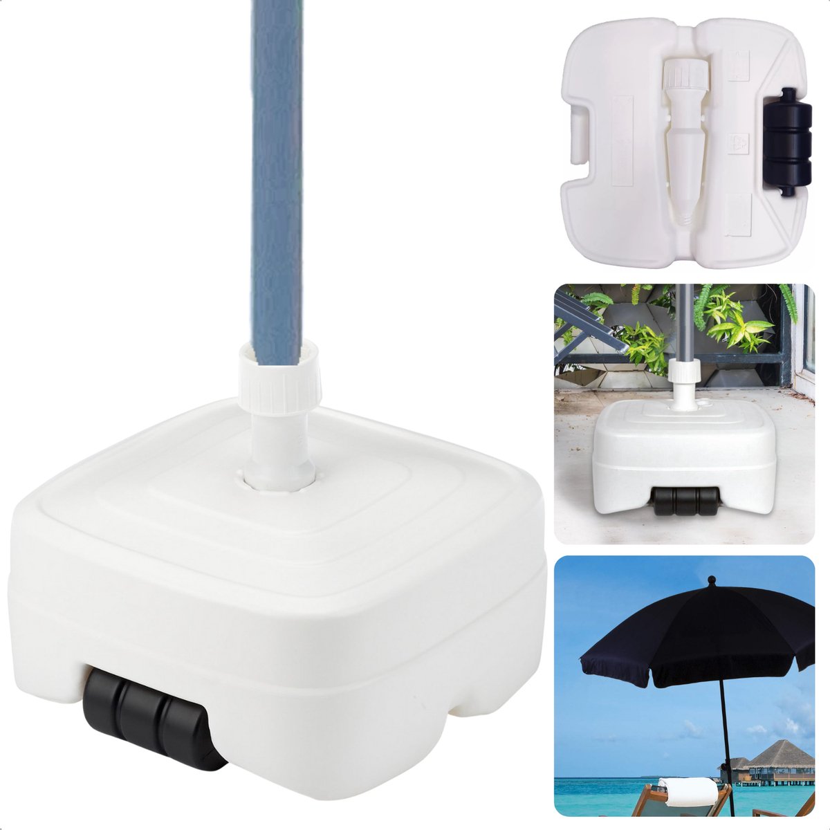 Cheqo® Parasolvoet - Vulbaar 45L - Verrijdbaar - Stevige Kunststof Parasolstandaard - Verrijdbaar - Geschikt voor 33-50 mm - Wit