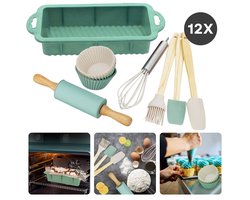 Cheqo® Kinder Bakset - 12-Delige Set - Bakset voor kinderen met Cupcake Vormen - Bakvorm en Accessoires - Kwast - Spatel - Deegroller - Kinderfeestje - Cake Bakken - Cupcakes Maken - Cadeau voor Kinderen