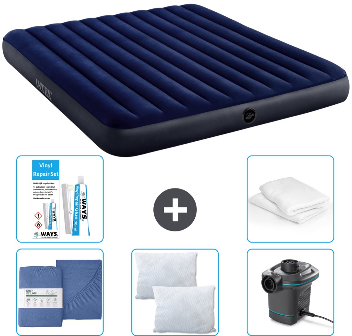 Intex Luchtbed - 2-Persoons - 183 x 203 x 25 cm - Blauw - Inclusief Hoeslaken - Kussen - Pomp - Reparatieset en Kussenbeschermer