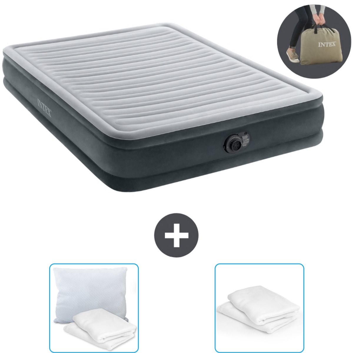Intex Luchtbed - 2-Persoons - 152 x 203 x 33 cm - Grijs - Inclusief pomp - Kussen en Kussenbeschermer