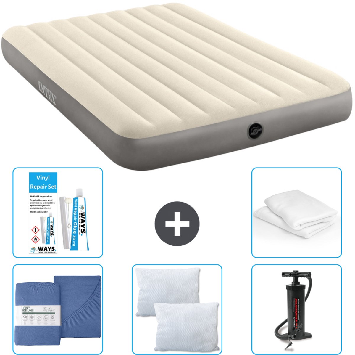 Intex Luchtbed - 2-Persoons - 152 x 203 x 25 cm - Beige - Inclusief Hoeslaken - Kussen - Pomp - Reparatieset en Kussenbeschermer