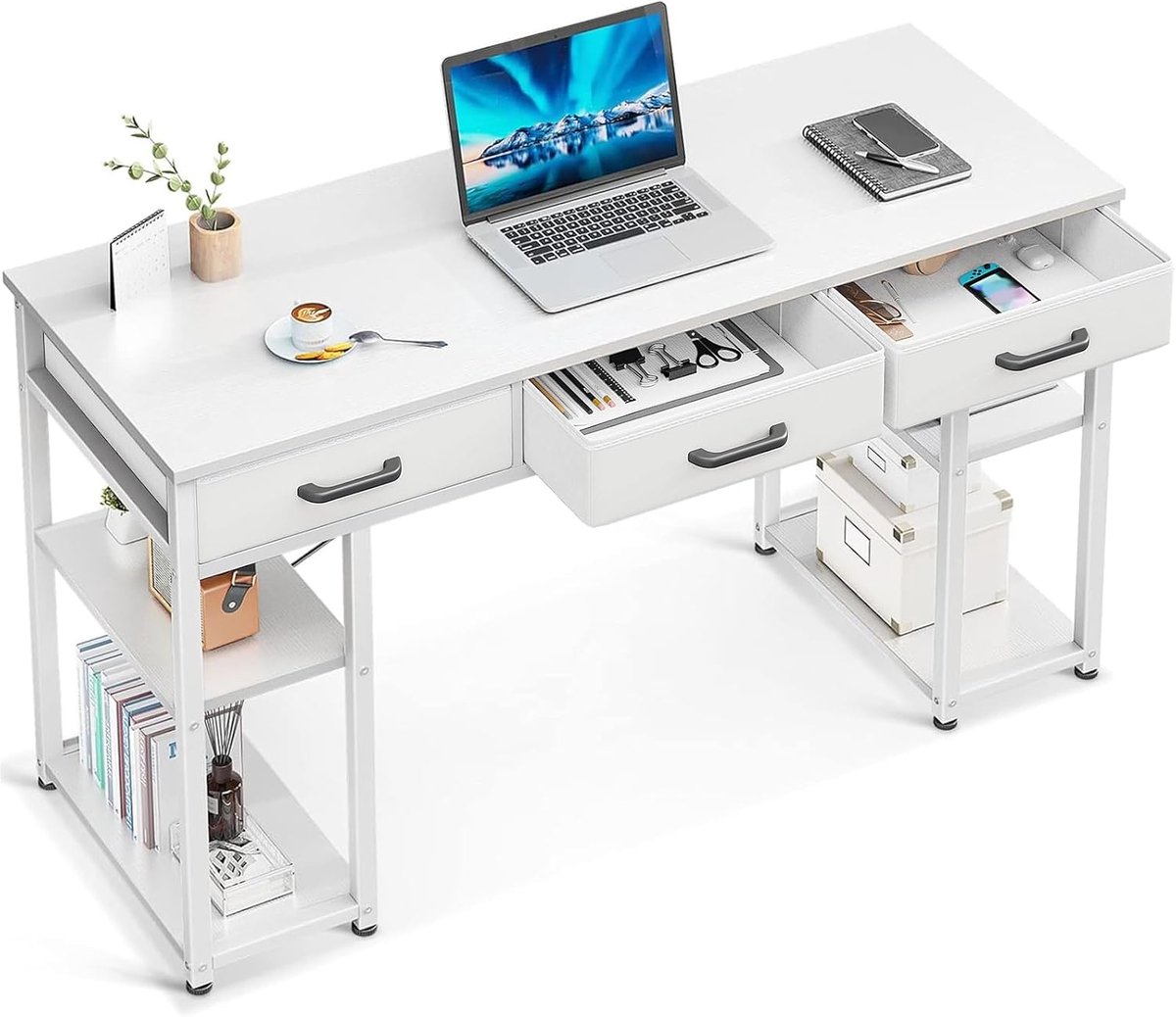 Modern klein computerbureau met stoffen laden en opbergplanken - wit - 122 x 40 cm
