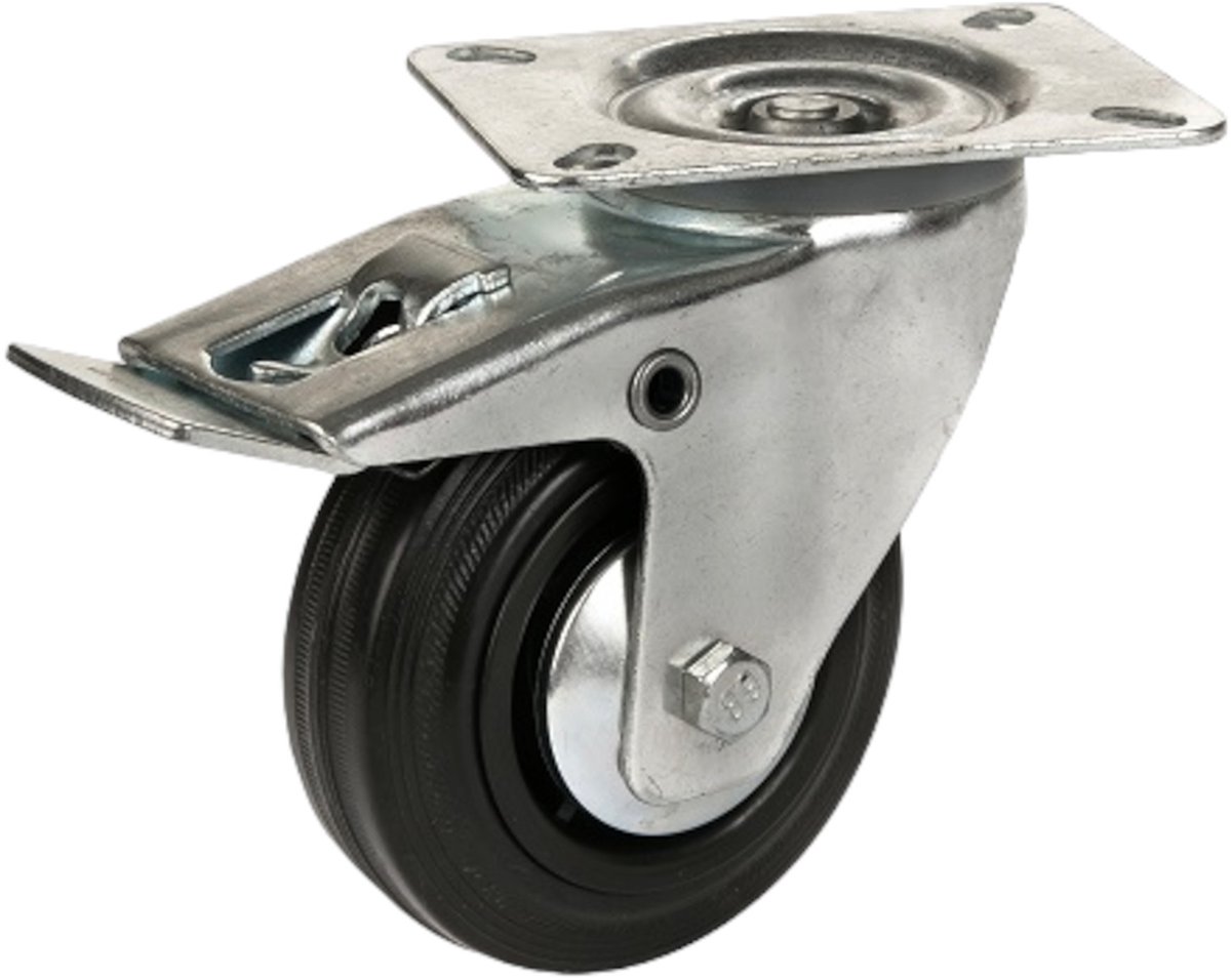DOMINO ZWENKWIELEN 80MM - Zwarte Rubberen Meubelwielen met Rem en Montageplaat - Maximale Belasting 80kg - Set
