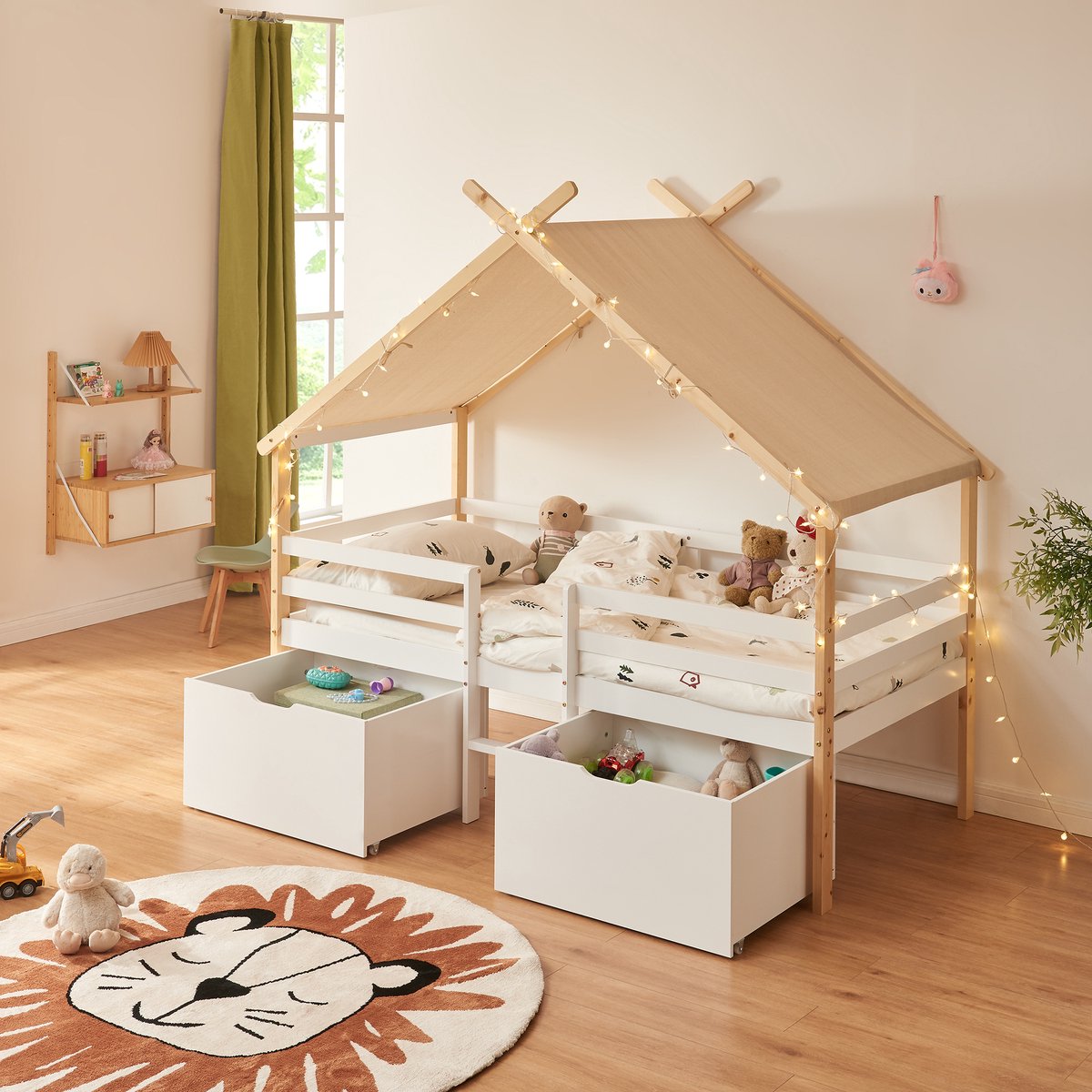 Kinderbed Surnadal Huisbed met dak 2 lades en trapje 200x90 cm wit en naturel [en.casa]