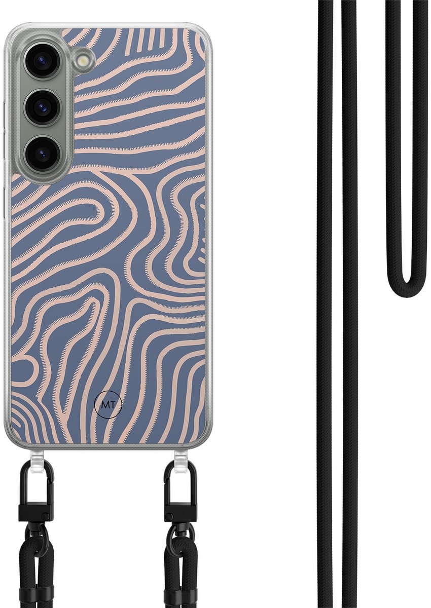 Hoesje met koord geschikt voor Samsung Galaxy S23 - Flowing lines - Inclusief Zwart koord - Crossbody beschermhoes - Transparant, Paars - Mooie Telefoonhoesjes