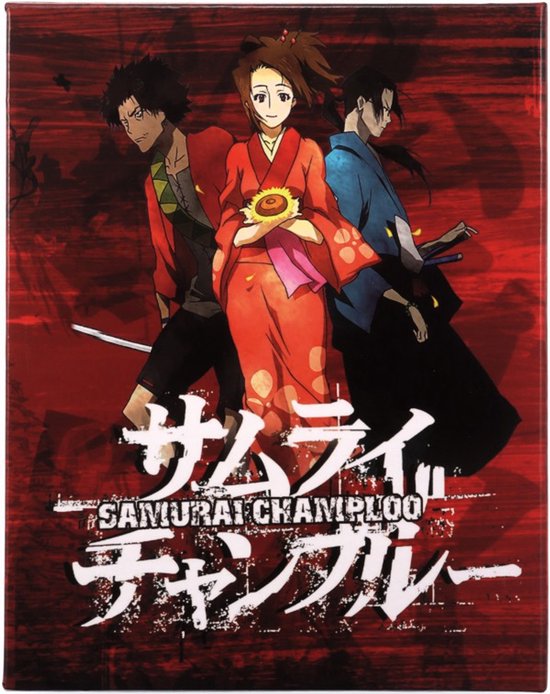 Samurai Champloo personages: Mugen, Fuu en Jin, met Japanse tekst en een rode achtergrond.