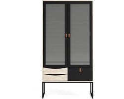 Sady vitrinekast 2 glazen deuren, 3 lades mat zwart, eiken decor.