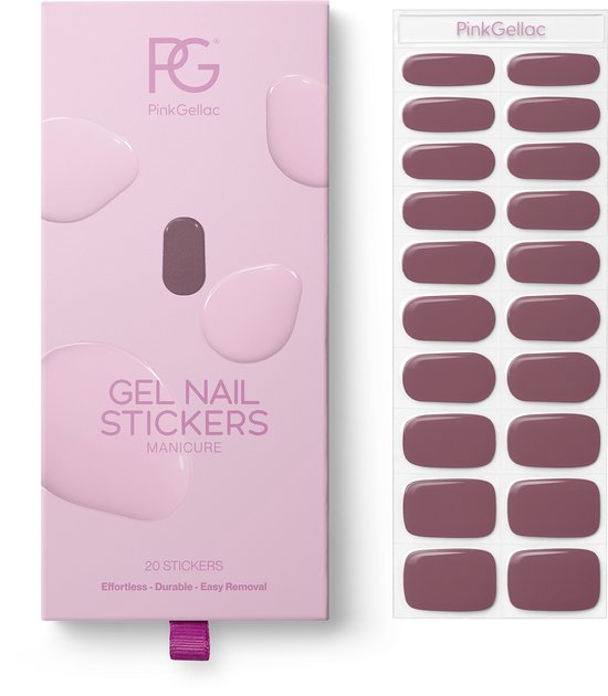 Doosje en verpakking met 20 donker mauve gel nagelstickers in 10 maten.