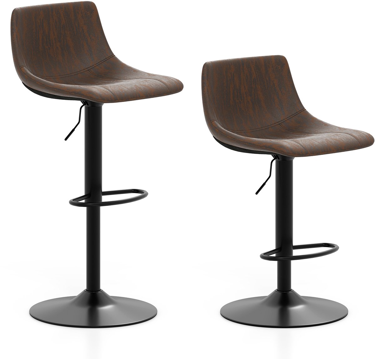 Costway Set van 2 barkrukken, barstoelen, 60-82 cm, in hoogte verstelbaar, kruk, draaibaar, met rugleuning en voetensteun, keukenkruk voor eetkamer, bar, thuis, belastbaar tot 150 kg, rustiek bruin