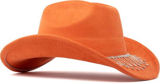 KIMU Cowboyhoed Koningsdag Oranje Strass Steentjes Ketting - Roestbruin Cowgirl Western Hoed - Stoere Cowboy Diamantjes Glitter Dames Carnaval