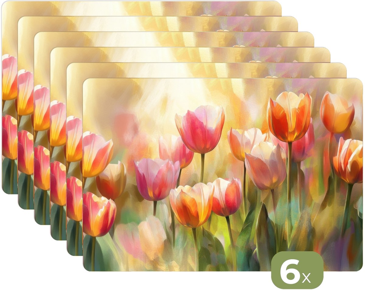 Placemats - 6 stuks - 45x30 cm - Placemat kunststof - Tulpen - Sprookjesachtig - Kleurrijk - Borden onderleggers - Decoratie voor op tafel - Keuken tafeldecoratie accessoires - Vinyl onderlegger - Tafelversiering