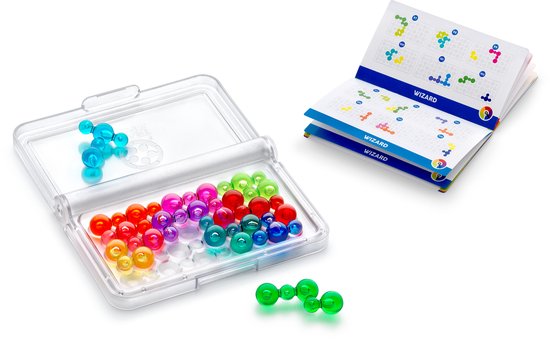 Speldoosje met blauwe spelstukken, gekleurde bubbels in rood, paars, blauw, groen en oranje, en een puzzelboekje.