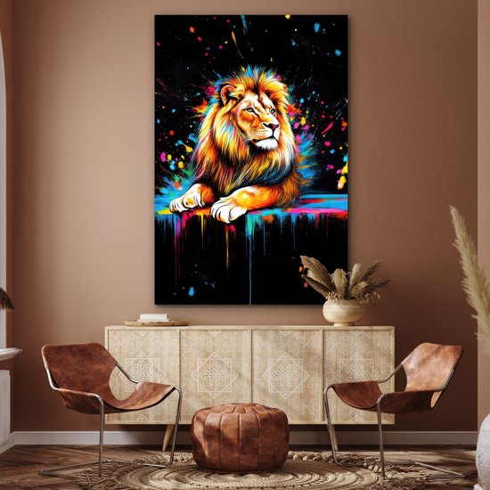 Aluminium schilderij 100x150 cm - Wanddecoratie metaal - Leeuw - Kleurrijk - Spetters - Metalen muurdecoratie woonkamer - Decoratie industrieel - Foto op dibond - Industriële accessoires slaapkamer