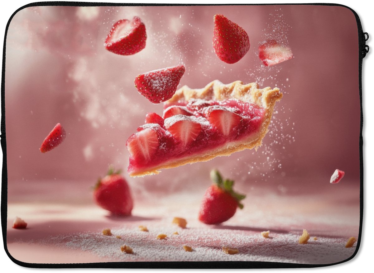 Laptophoes 14 inch - Aardbei - Taart- Eten - Roze - Laptop sleeve - Binnenmaat 33x23 cm - Zwarte achterkant