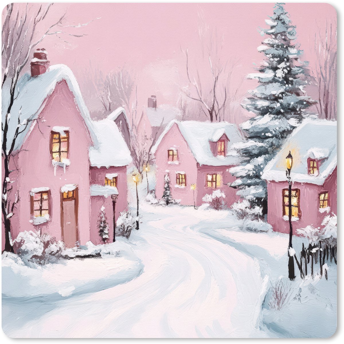Muismat XXL 40x40 cm - Bureau onderlegger - Bureau mat Kerstdorp - Roze - Winter - Sneeuw - Huizen - Bureaumat - Gaming mousepad xl - Bureaulegger groot - Computer deskmat
